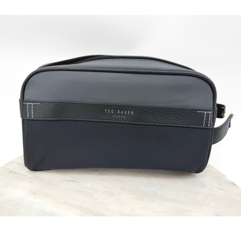 Ted Baker London Mens Toiletry Bag Black Grey Nylon Faux Leather